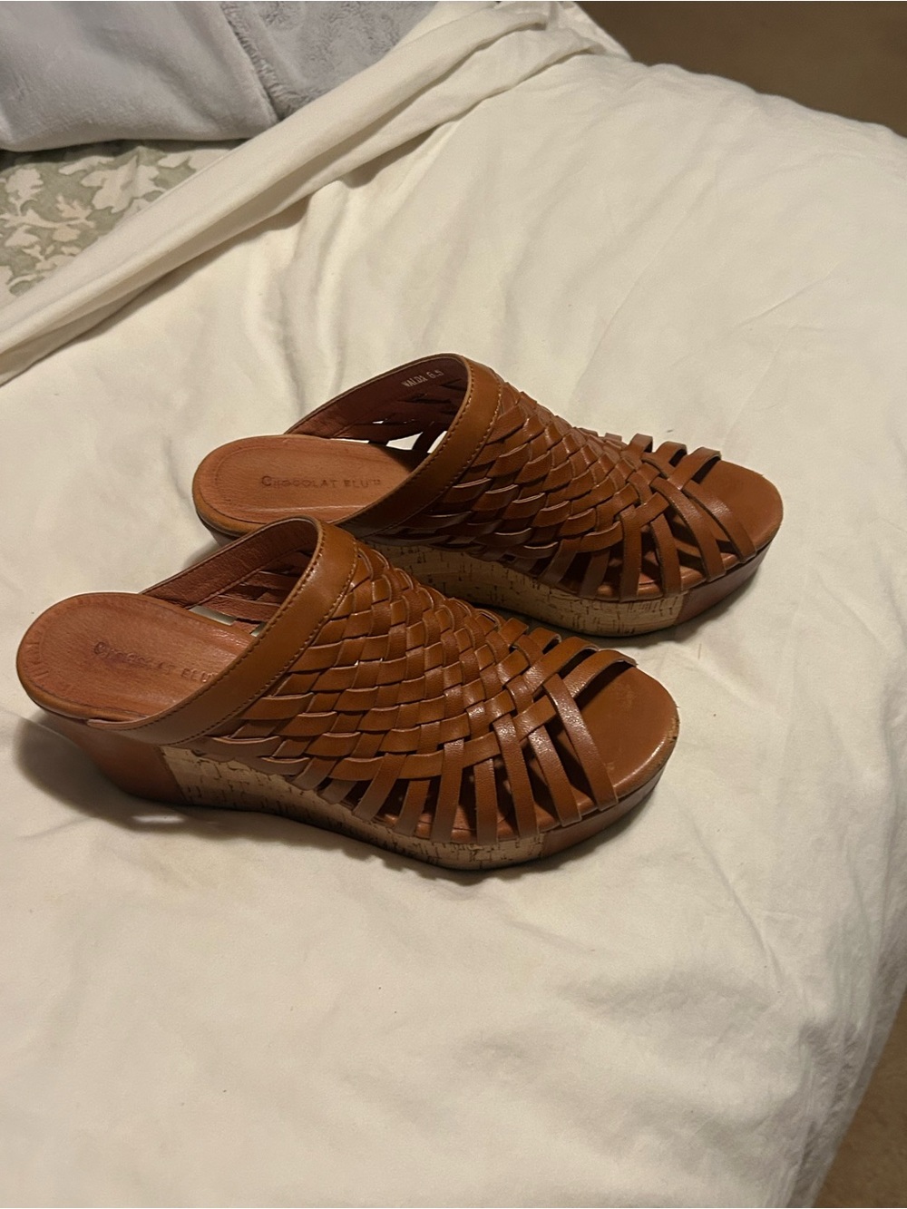 Chocolat Blu Tan Woven Leather Cork Wedge Mules
